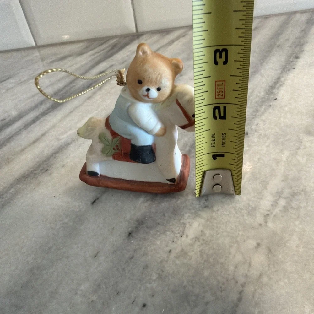 Porcelain Bisque Rocking Horse Teddy Bear Christmas Tree Ornaments Vintage GWB01